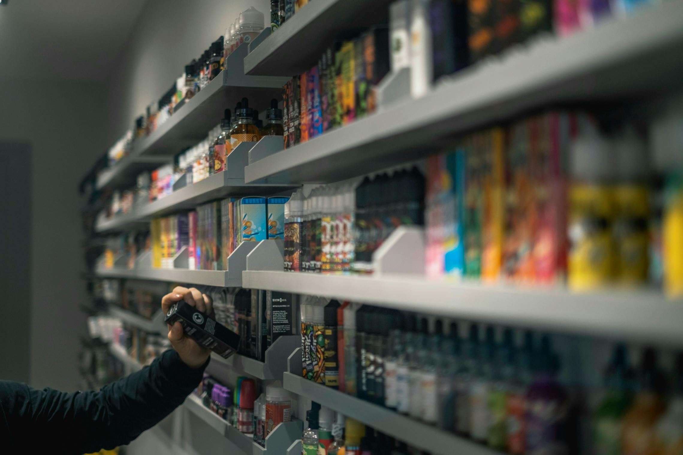 A wall of nicotine juices for vapes and e-cigarettes. This comes as the Australian Federal Government moves to ban vapes from July 1.